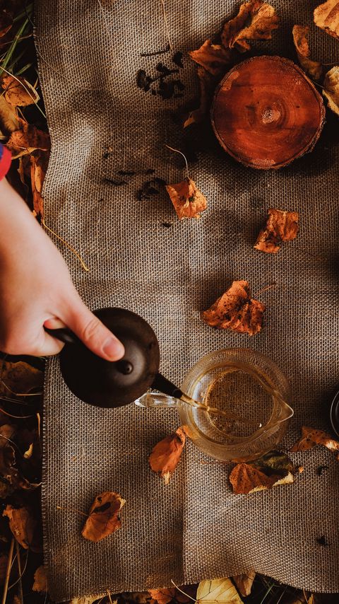 Download wallpaper 2160x3840 tea, kettle, autumn, hand, picnic samsung galaxy s4, s5, note, sony xperia z, z1, z2, z3, htc one, lenovo vibe hd background