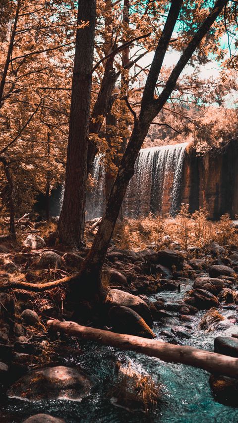 Download wallpaper 2160x3840 waterfall, river, forest, trees, autumn samsung galaxy s4, s5, note, sony xperia z, z1, z2, z3, htc one, lenovo vibe hd background