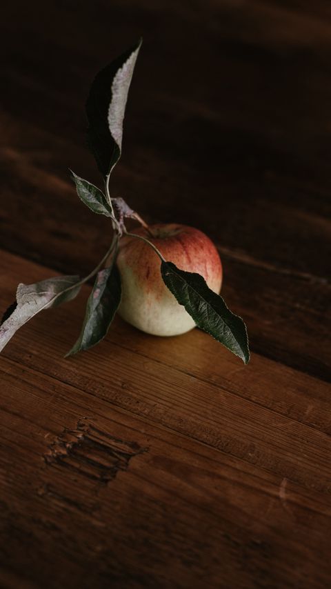 Download wallpaper 2160x3840 apple, leaves, fruit, table samsung galaxy s4, s5, note, sony xperia z, z1, z2, z3, htc one, lenovo vibe hd background