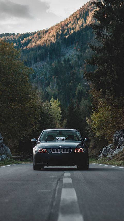Download wallpaper 2160x3840 car, front view, road, trees, forest samsung galaxy s4, s5, note, sony xperia z, z1, z2, z3, htc one, lenovo vibe hd background