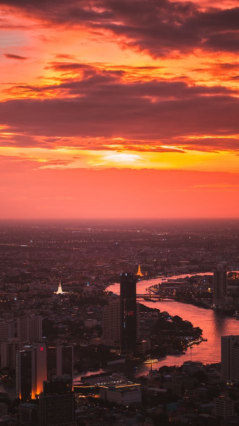 Download wallpaper 2160x3840 city, sunset, aerial view, buildings, river, dusk samsung galaxy s4, s5, note, sony xperia z, z1, z2, z3, htc one, lenovo vibe hd background