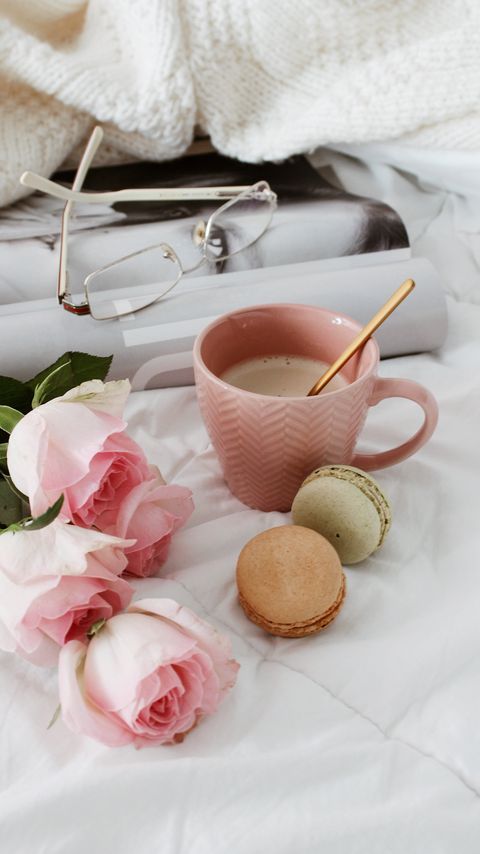 Download wallpaper 2160x3840 cup, coffee, cookies, flowers, roses, pink samsung galaxy s4, s5, note, sony xperia z, z1, z2, z3, htc one, lenovo vibe hd background