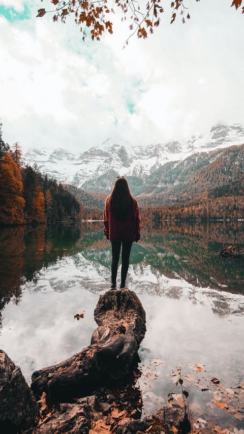 Download wallpaper 2160x3840 girl, alone, lake, mountains, nature samsung galaxy s4, s5, note, sony xperia z, z1, z2, z3, htc one, lenovo vibe hd background