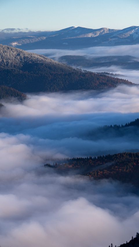 Download wallpaper 2160x3840 mountains, clouds, fog, landscape, aerial view samsung galaxy s4, s5, note, sony xperia z, z1, z2, z3, htc one, lenovo vibe hd background