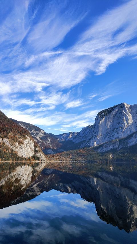 Download wallpaper 2160x3840 mountains, lake, reflection, water, clouds samsung galaxy s4, s5, note, sony xperia z, z1, z2, z3, htc one, lenovo vibe hd background