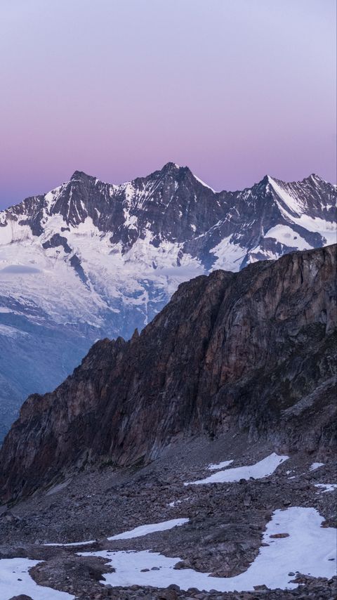 Download wallpaper 2160x3840 mountains, snow, landscape, dusk, purple samsung galaxy s4, s5, note, sony xperia z, z1, z2, z3, htc one, lenovo vibe hd background