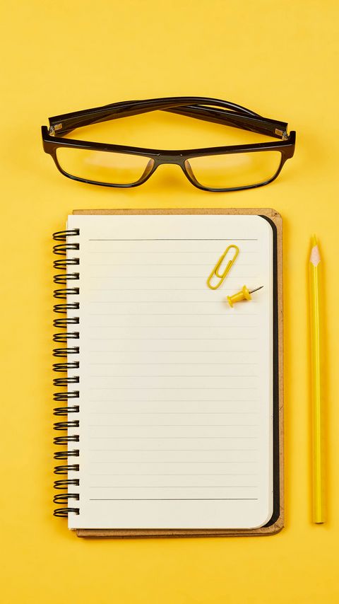 Download wallpaper 2160x3840 notepad, glasses, paper clip, pencil, yellow samsung galaxy s4, s5, note, sony xperia z, z1, z2, z3, htc one, lenovo vibe hd background