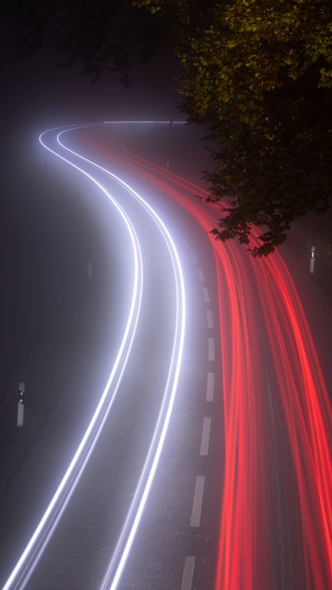Download wallpaper 2160x3840 road, lights, long exposure, fog, night samsung galaxy s4, s5, note, sony xperia z, z1, z2, z3, htc one, lenovo vibe hd background