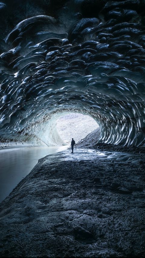 Download wallpaper 2160x3840 silhouette, cave, ice, river, tunnel samsung galaxy s4, s5, note, sony xperia z, z1, z2, z3, htc one, lenovo vibe hd background