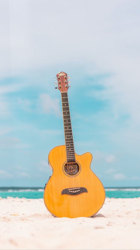 Download wallpaper 2160x3840 acoustic guitar, guitar, instrument, beach, summer, music samsung galaxy s4, s5, note, sony xperia z, z1, z2, z3, htc one, lenovo vibe hd background