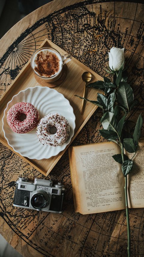 Download wallpaper 2160x3840 book, flower, donuts, cup, coffee, camera samsung galaxy s4, s5, note, sony xperia z, z1, z2, z3, htc one, lenovo vibe hd background