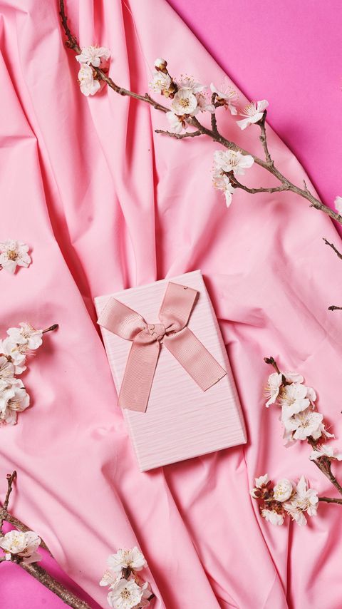 Download wallpaper 2160x3840 box, ribbon, gift, fabric, flowers, branches, pink samsung galaxy s4, s5, note, sony xperia z, z1, z2, z3, htc one, lenovo vibe hd background