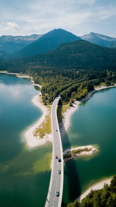 Download wallpaper 2160x3840 bridge, river, mountains, forest, aerial view samsung galaxy s4, s5, note, sony xperia z, z1, z2, z3, htc one, lenovo vibe hd background