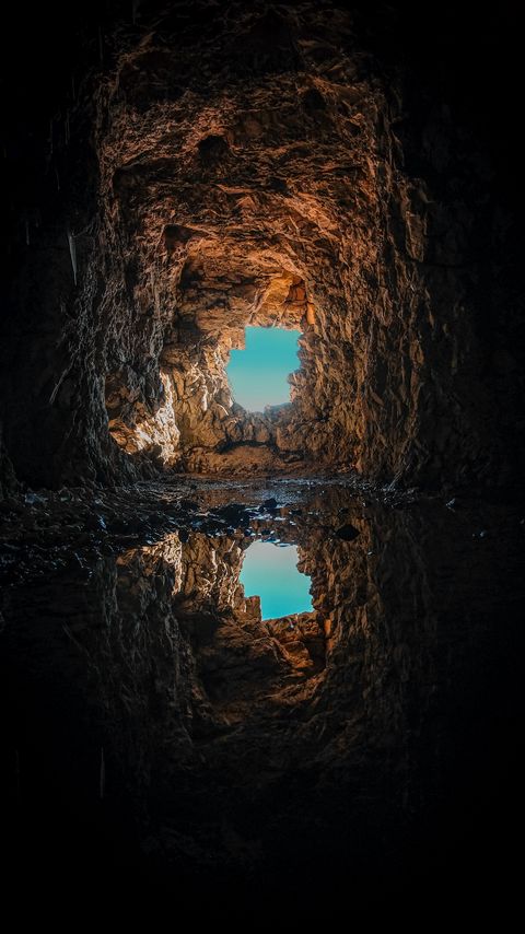 Download wallpaper 2160x3840 cave, puddle, reflection, rock samsung galaxy s4, s5, note, sony xperia z, z1, z2, z3, htc one, lenovo vibe hd background