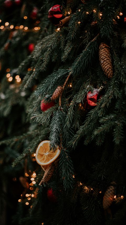 Download wallpaper 2160x3840 christmas tree, cones, orange, decorations, garlands, new year, christmas samsung galaxy s4, s5, note, sony xperia z, z1, z2, z3, htc one, lenovo vibe hd background