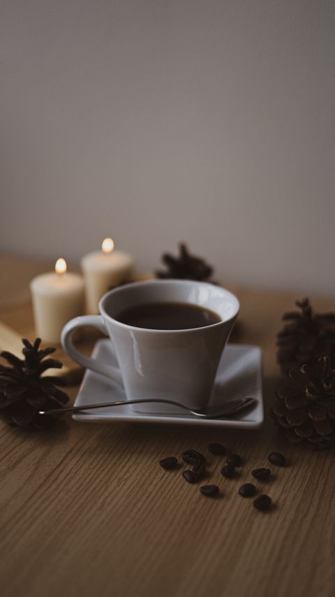 Download wallpaper 2160x3840 coffee, cup, coffee beans, pine cones, candles samsung galaxy s4, s5, note, sony xperia z, z1, z2, z3, htc one, lenovo vibe hd background