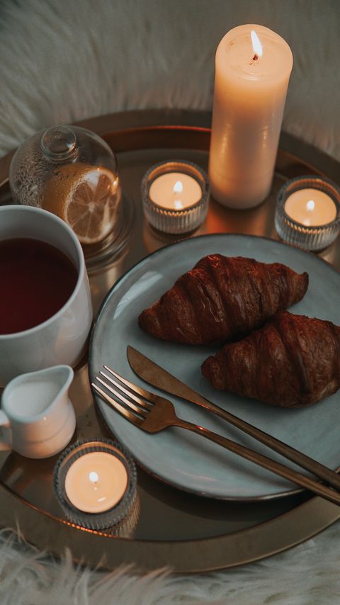Download wallpaper 2160x3840 croissants, tea, candles, breakfast, dish samsung galaxy s4, s5, note, sony xperia z, z1, z2, z3, htc one, lenovo vibe hd background