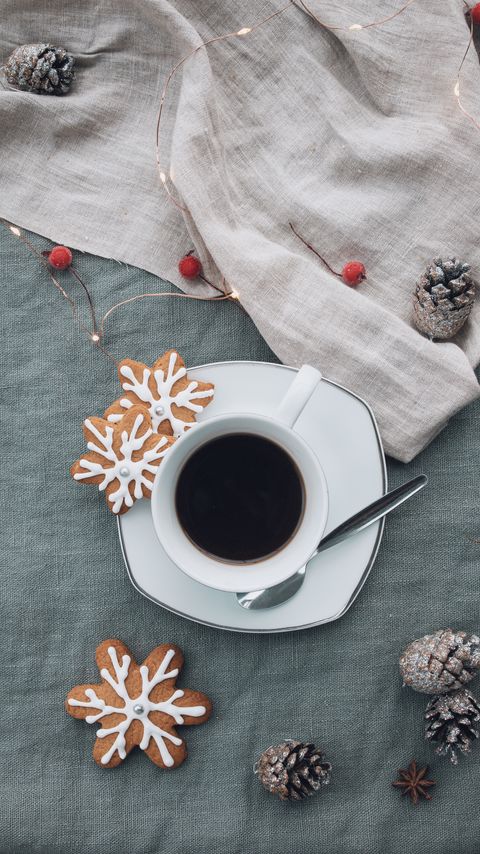Download wallpaper 2160x3840 cup, coffee, cookies, garland, cones samsung galaxy s4, s5, note, sony xperia z, z1, z2, z3, htc one, lenovo vibe hd background