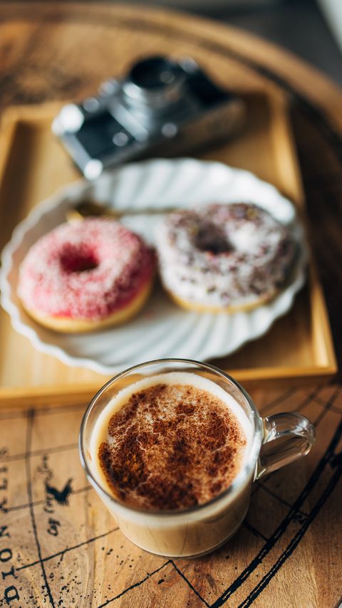 Download wallpaper 2160x3840 cup, coffee, donuts, camera, table samsung galaxy s4, s5, note, sony xperia z, z1, z2, z3, htc one, lenovo vibe hd background