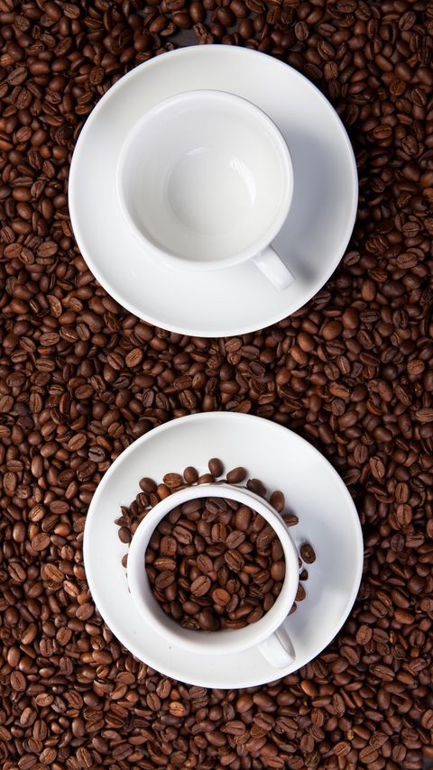 Download wallpaper 2160x3840 cups, coffee beans, coffee, brown, white samsung galaxy s4, s5, note, sony xperia z, z1, z2, z3, htc one, lenovo vibe hd background
