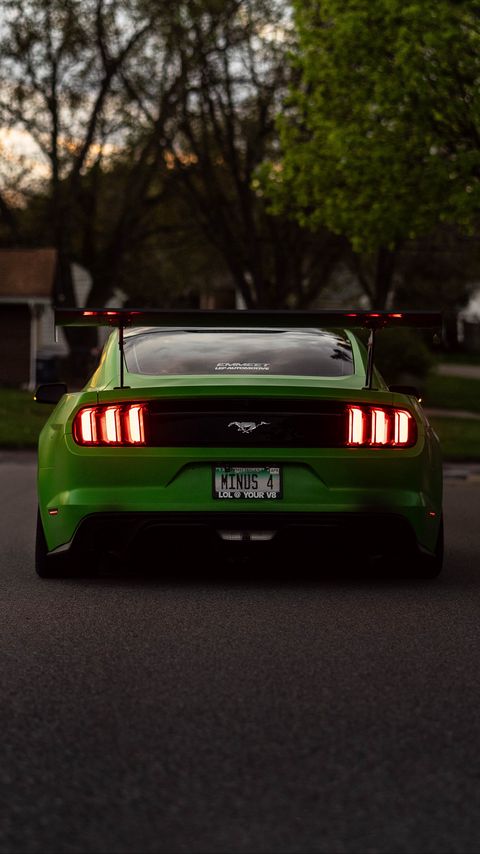 Download wallpaper 2160x3840 ford mustang, car, green, rear view samsung galaxy s4, s5, note, sony xperia z, z1, z2, z3, htc one, lenovo vibe hd background