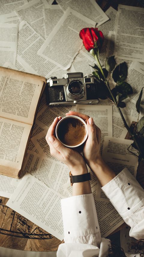 Download wallpaper 2160x3840 hands, cup, book, page, camera, flower samsung galaxy s4, s5, note, sony xperia z, z1, z2, z3, htc one, lenovo vibe hd background