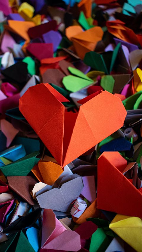 Download wallpaper 2160x3840 hearts, origami, paper, colorful samsung galaxy s4, s5, note, sony xperia z, z1, z2, z3, htc one, lenovo vibe hd background