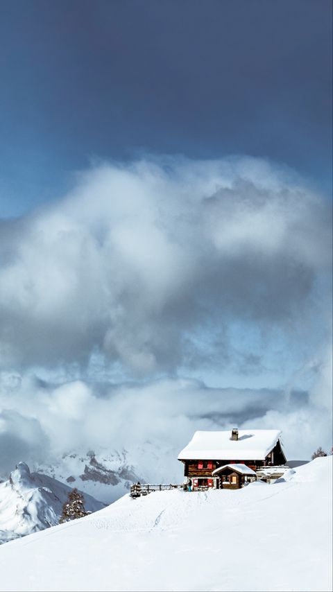 Download wallpaper 2160x3840 house, mountains, snow, clouds, nature samsung galaxy s4, s5, note, sony xperia z, z1, z2, z3, htc one, lenovo vibe hd background