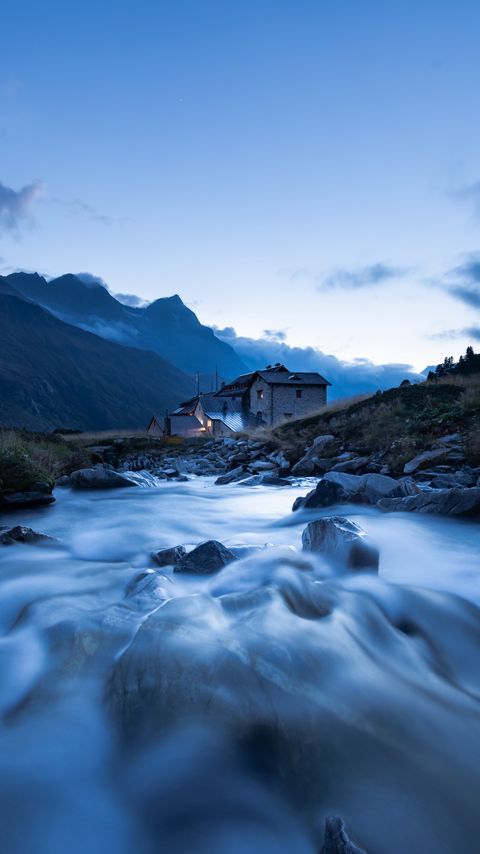 Download wallpaper 2160x3840 house, river, mountains, stones, water, nature samsung galaxy s4, s5, note, sony xperia z, z1, z2, z3, htc one, lenovo vibe hd background