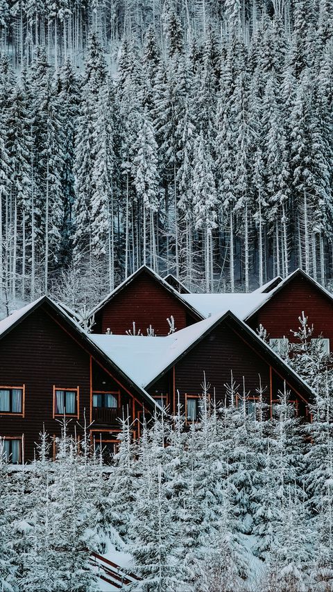 Download wallpaper 2160x3840 houses, forest, snow, winter, nature samsung galaxy s4, s5, note, sony xperia z, z1, z2, z3, htc one, lenovo vibe hd background