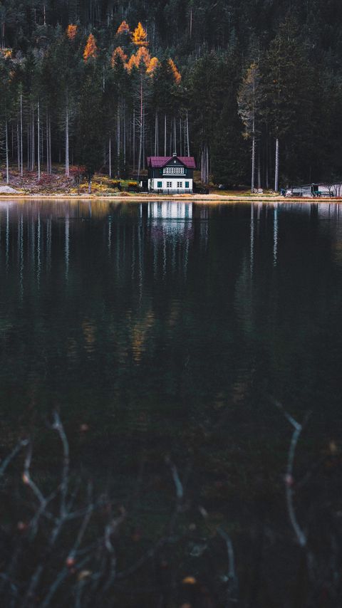 Download wallpaper 2160x3840 lake, house, forest, shore, nature samsung galaxy s4, s5, note, sony xperia z, z1, z2, z3, htc one, lenovo vibe hd background