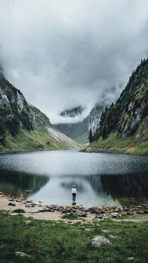 Download wallpaper 2160x3840 lake, mountains, girl, alone, nature samsung galaxy s4, s5, note, sony xperia z, z1, z2, z3, htc one, lenovo vibe hd background