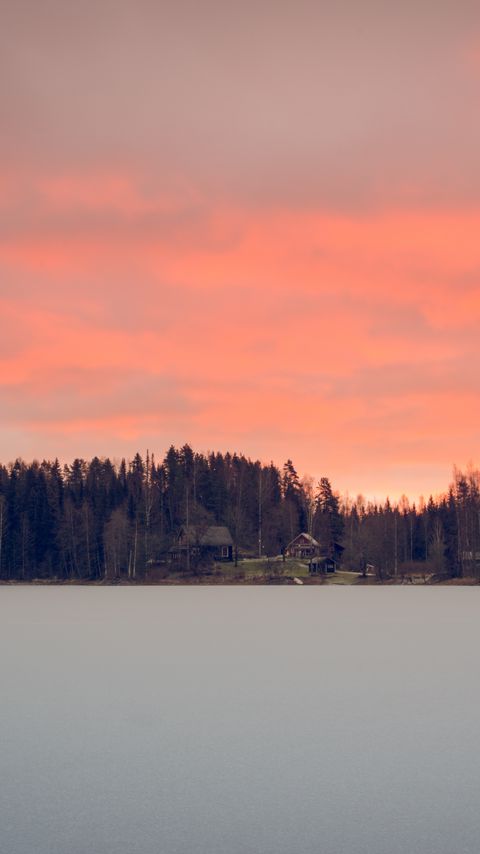 Download wallpaper 2160x3840 lake, shore, forest, houses, sunset, dusk samsung galaxy s4, s5, note, sony xperia z, z1, z2, z3, htc one, lenovo vibe hd background