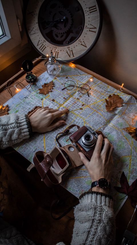 Download wallpaper 2160x3840 map, camera, hands, glasses, leaves, garland samsung galaxy s4, s5, note, sony xperia z, z1, z2, z3, htc one, lenovo vibe hd background