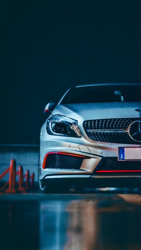 Download wallpaper 2160x3840 mercedes, car, gray, front view, night samsung galaxy s4, s5, note, sony xperia z, z1, z2, z3, htc one, lenovo vibe hd background