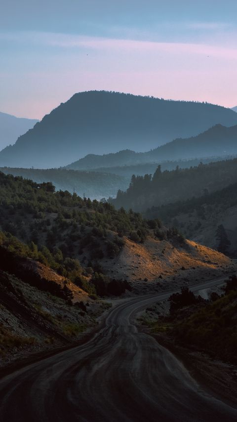 Download wallpaper 2160x3840 mountains, road, fog, evening, nature samsung galaxy s4, s5, note, sony xperia z, z1, z2, z3, htc one, lenovo vibe hd background