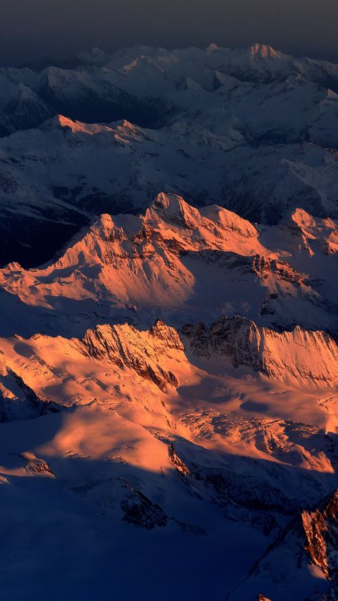 Download wallpaper 2160x3840 mountains, snow, aerial view, landscape, dusk samsung galaxy s4, s5, note, sony xperia z, z1, z2, z3, htc one, lenovo vibe hd background