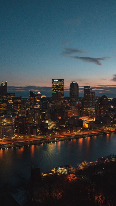 Download wallpaper 2160x3840 night city, aerial view, buildings, river, architecture, pittsburgh, usa samsung galaxy s4, s5, note, sony xperia z, z1, z2, z3, htc one, lenovo vibe hd background