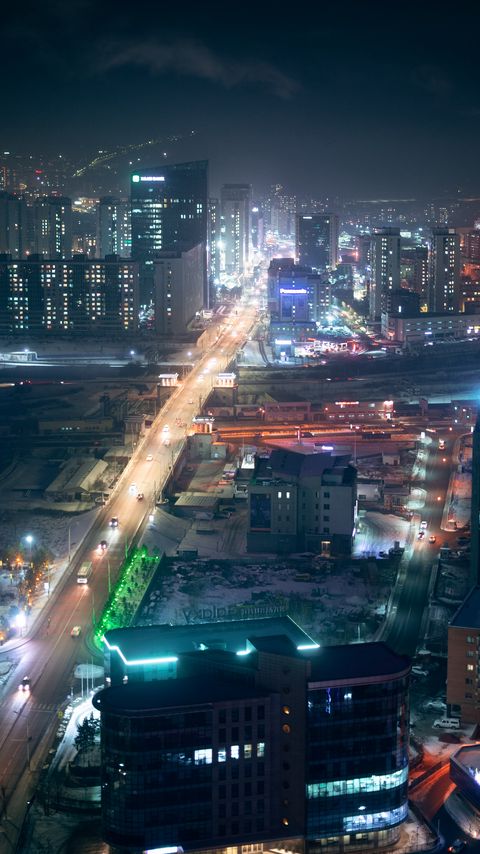 Download wallpaper 2160x3840 night city, aerial view, buildings, roads, streets, lights samsung galaxy s4, s5, note, sony xperia z, z1, z2, z3, htc one, lenovo vibe hd background