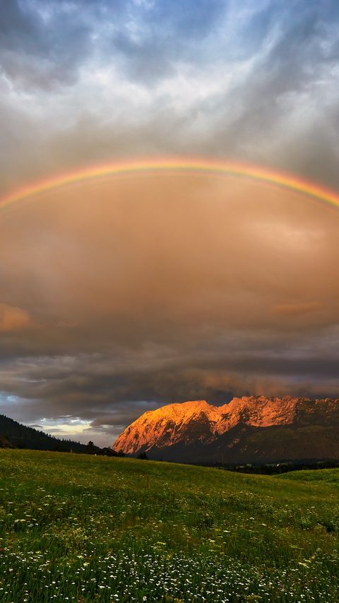 Download wallpaper 2160x3840 rainbow, meadow, mountains, nature, landscape samsung galaxy s4, s5, note, sony xperia z, z1, z2, z3, htc one, lenovo vibe hd background