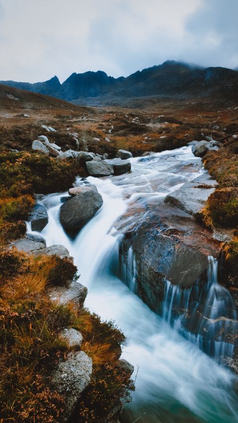 Download wallpaper 2160x3840 river, waterfall, stones, mountains, landscape samsung galaxy s4, s5, note, sony xperia z, z1, z2, z3, htc one, lenovo vibe hd background