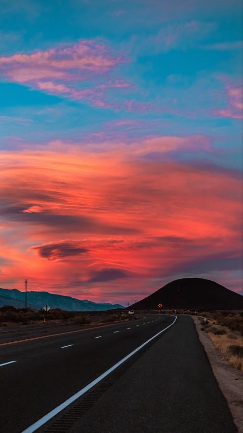 Download wallpaper 2160x3840 road, asphalt, sunset, hills, nature samsung galaxy s4, s5, note, sony xperia z, z1, z2, z3, htc one, lenovo vibe hd background