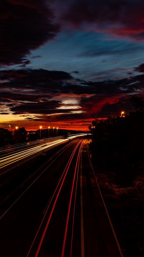 Download wallpaper 2160x3840 road, light, long exposure, trees, sunset, dark samsung galaxy s4, s5, note, sony xperia z, z1, z2, z3, htc one, lenovo vibe hd background