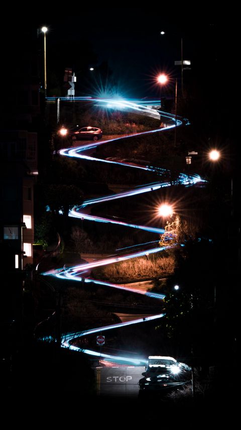 Download wallpaper 2160x3840 spiral, light, long exposure, road, night samsung galaxy s4, s5, note, sony xperia z, z1, z2, z3, htc one, lenovo vibe hd background