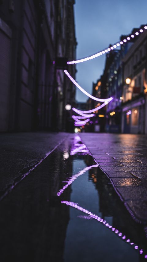 Download wallpaper 2160x3840 street, puddle, reflection, garlands, lights samsung galaxy s4, s5, note, sony xperia z, z1, z2, z3, htc one, lenovo vibe hd background