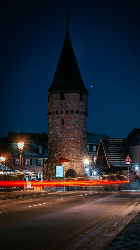 Download wallpaper 2160x3840 tower, building, road, city, old, night, long exposure samsung galaxy s4, s5, note, sony xperia z, z1, z2, z3, htc one, lenovo vibe hd background