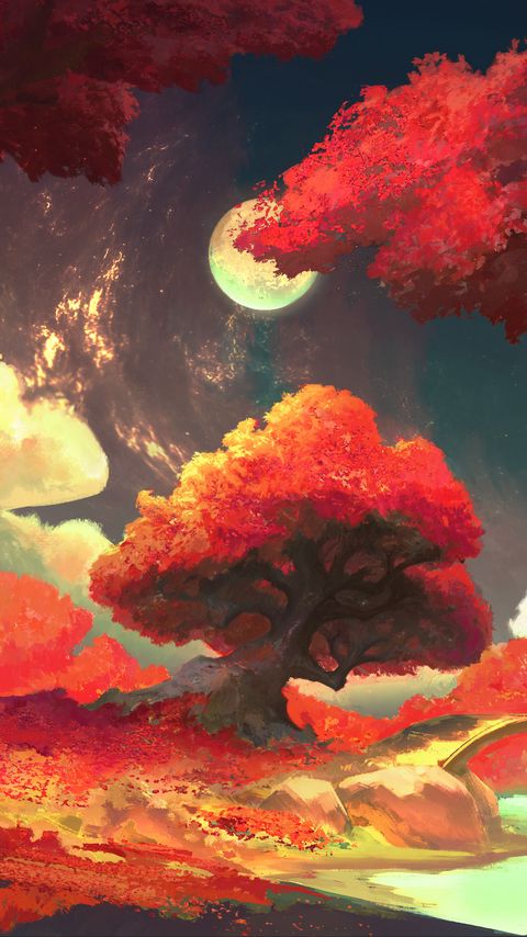 Download wallpaper 2160x3840 trees, moon, autumn, nature, art samsung galaxy s4, s5, note, sony xperia z, z1, z2, z3, htc one, lenovo vibe hd background