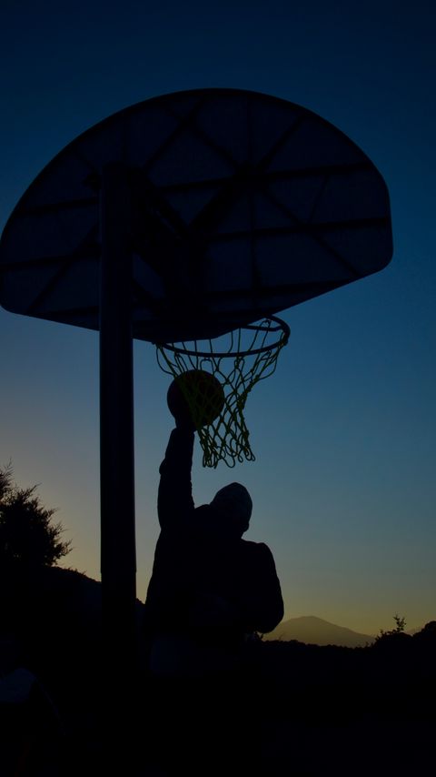 Download wallpaper 2160x3840 basketball, basketball hoop, basketball player, ball, jump, silhouettes, dark samsung galaxy s4, s5, note, sony xperia z, z1, z2, z3, htc one, lenovo vibe hd background