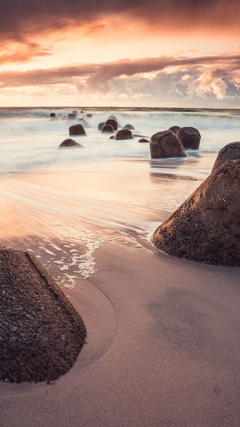 Download wallpaper 2160x3840 beach, sea, stones, sunset, landscape samsung galaxy s4, s5, note, sony xperia z, z1, z2, z3, htc one, lenovo vibe hd background