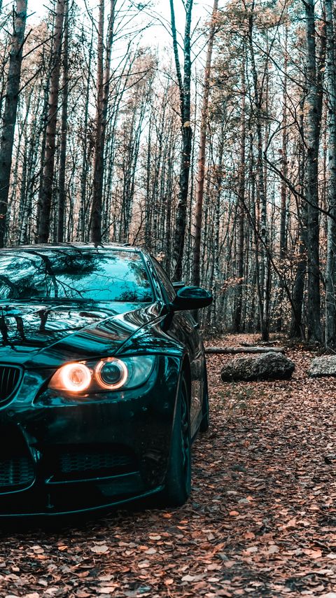 Download wallpaper 2160x3840 bmw, car, black, front view, forest samsung galaxy s4, s5, note, sony xperia z, z1, z2, z3, htc one, lenovo vibe hd background